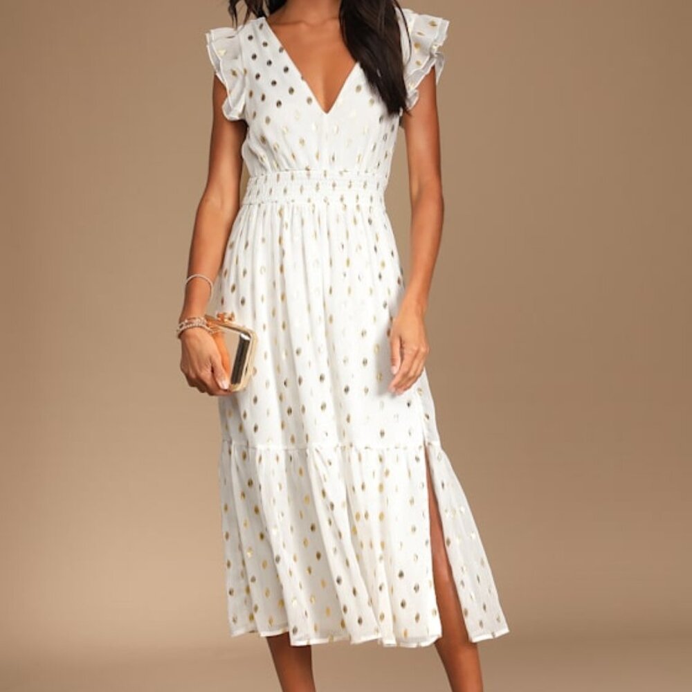 Lulus Cause To Celebrate White And Gold Dot Ruffled Tiered Midi Dress - Size XXL